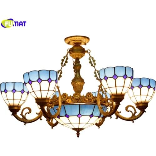 FUMAT Blue Shade Glass Lampshade Chandeliers Tiffany Stained Glass Lamps For Living Room European Mediterranean Style Lights