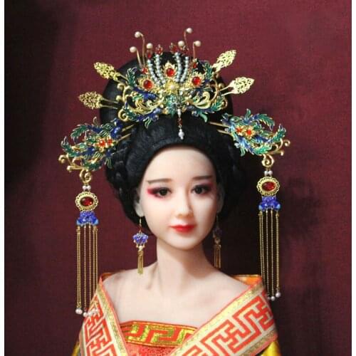 Imitate Dian Cui Green Colored Hair Tiara Long Tassel Phoenix Tiara for Bride Empress Princess Cosplay Hair Accessory TV Play