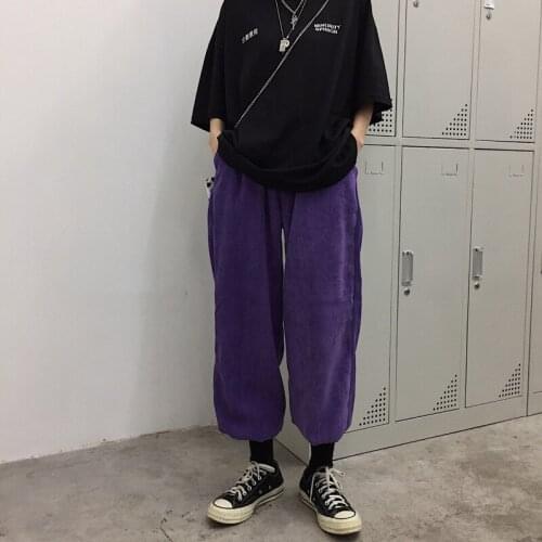 Harajuku Streetwear Casual Pants Women Kpop Ulzzang Vintage Corduroy Slim Drawstring Trousers Korean Hip Hop Purple Cargo Pants