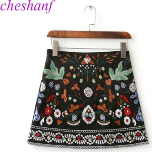 Spring 2021 A-Line Mini Ethnic Women Skirts Short Black Embroidered Skirt High Waist Floral Vintage Embroidery Skirts Female