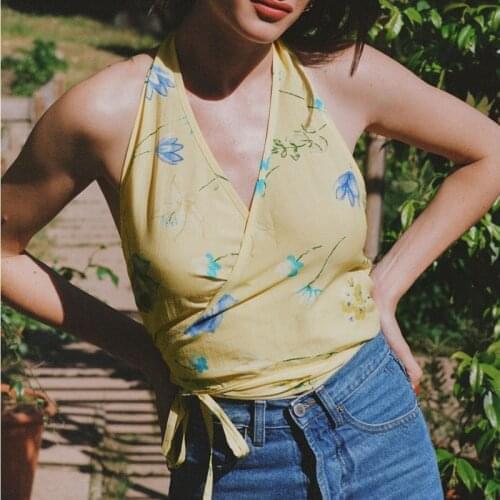 Women Halterneck Shirt Floral Printed Lace-Up Waist Vest and Tank 2021 Summer Female Backless Sweet Top