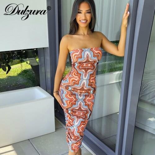 Dulzura Tie Dye Print Women Ruched Tube Midi Dress Bodycon Sexy Streetwear Party Club Elegant 2021 Summer Festival Clothes Y2K