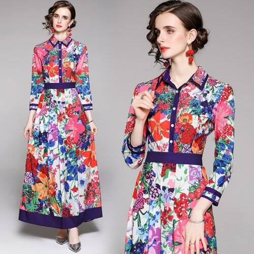 Elegant Floral Maxi Dress Women Turn Down Collar Wrist Sleeve Flower Print Holiday Autumn Long Party Vintage Vestidos 7462