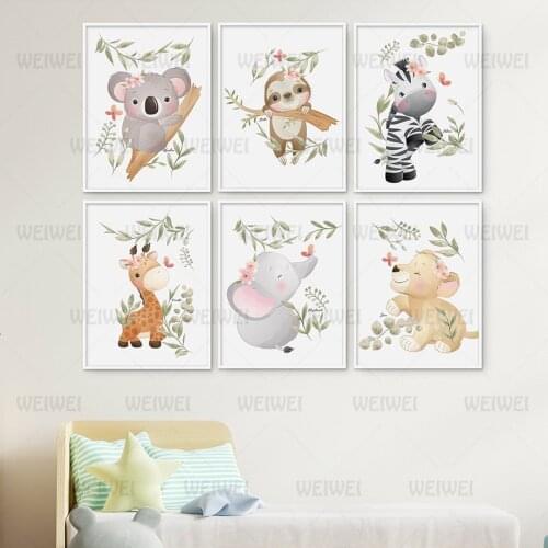 Animals and Green Branches Home Decoration Painting Koala Sloth Giraffe Elephant Childrens Room Canvas Poster Bedroom Print
