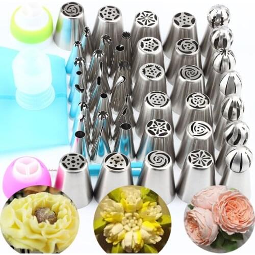 1Pcs Brush 1 Pcs Silicone Bag 1 Pcs Converter+Russian 45 Pcs Pastry Ball Tips Nozzles Icing Shape Stainless Steel Piping