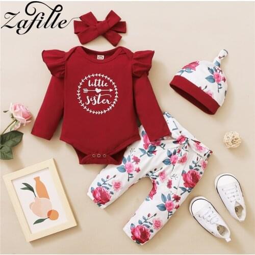 ZAFILLE Cute Fashion Baby Girl Clothes Set Little Sister Bodysuit Baby Romper+Floral Pants 4pcs Winter Newborn Toddler Outfits