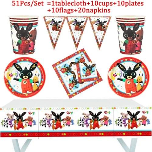 51pcs Rabbit Birthday Party Decorations Tablecloth Paper Cup Plates Straw Napkin Tableware Rabbit Theme Kids Party Supplies Set