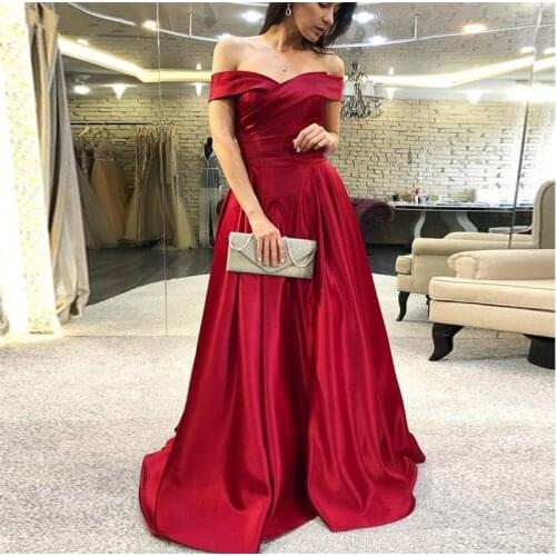 Burgundy Evening Dresses 2019 Off the Shoulder Satin Formal Prom Dress Long Evening Gown Robe De Soiree