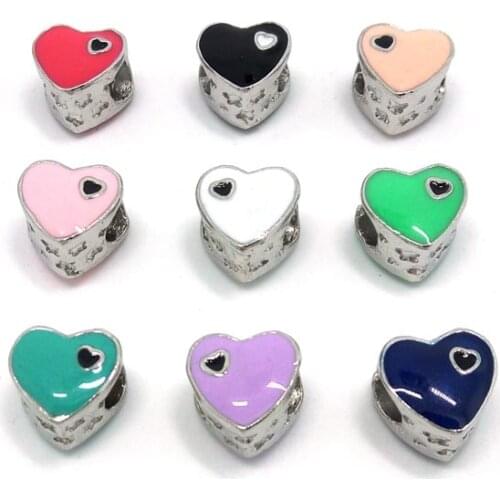 Free shipping 50pcs 12mm color plated big hole alloy heart beads fit European bracelet DIY