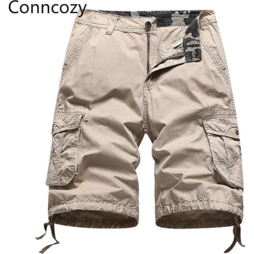 Brand Mens Shorts Solid Color Pure Cotton Shorts Zipper Multi-Pockets Trousers Summer Sports Loose Shorts Mens Casual Shorts