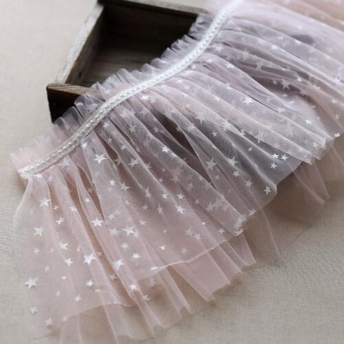 Factory Direct 25cm 1meter/lot Mesh and Beads Lace 2Layer Printed Star Pleated Lace Trim Baby Doll Skirt Lace Beautiful X526