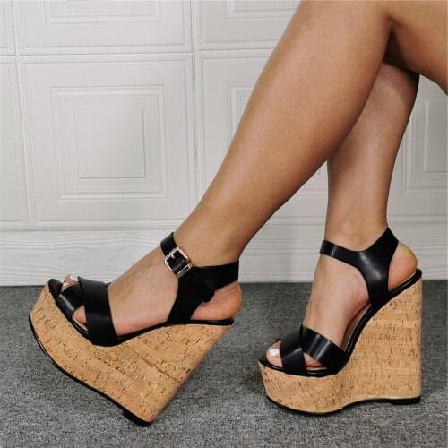 GOOFORON NEW 16CM Black Wedge Heels Are Stylish And Sexy Summer Womens Large Size Sandals