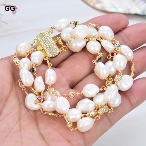 GuaiGuai Jewelry Natural Pearl 8" 4 Rows Freshwater White Keshi Pearl Multi Color Cz Chain Bracelet For Women