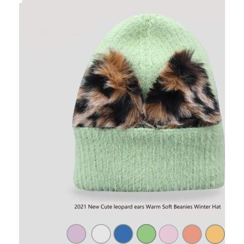 NEW 2021 fashion Cute Leopard bunny ears for woman winter hat solid color autumn beanies best matched Warm soft bonnet skullies