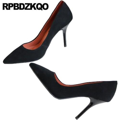 Office Scarpin 3 Inch Court Genuine Leather Suede Black Size 33 Thin Medium Heels Pointed Toe Ladies Kitten Shoes Pumps High New