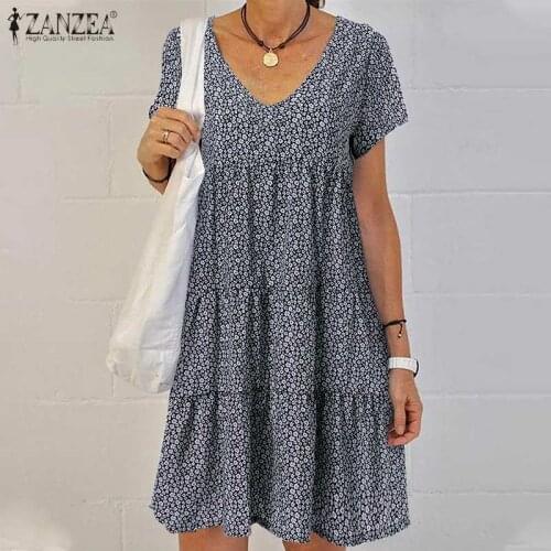 ZANZEA 2021 Stylish Summer Ruffle Dress Womens Printed Sundress Short Sleeve Floral Vestido Female Casual V neck Robe Oversized