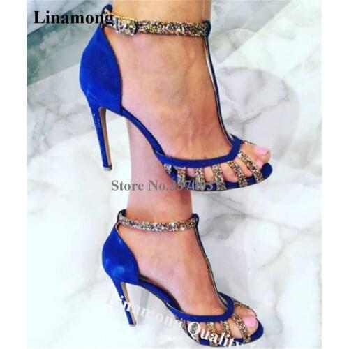 Linamong Bling Bling Sequined Straps Stiletto Heel Gladiator Sandals Blue Glitters Patchwork High Heel Sandals Club Shoes