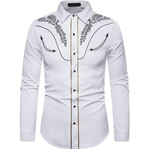 Stylish Western Cowboy Shirt Men Brand White Embroidery Slim Fit Casual Long Sleeve Mens Dress Shirts Wedding Tuxedo Shirt Male