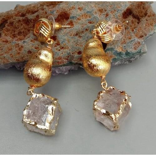 YYGEM gold plated brushed bead Natural Clear Quartz Cube Shape Drop Stud Earrings Fashion Jewelry For Women