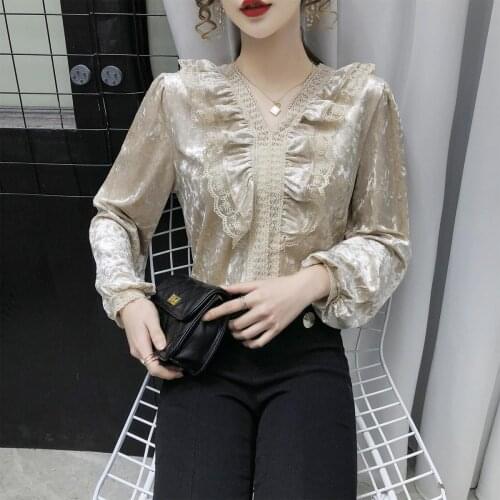 Blouse Women Womens V-neck Lace Pleuche Shirt Long-Sleeved Top Blusas Ropa De Mujer