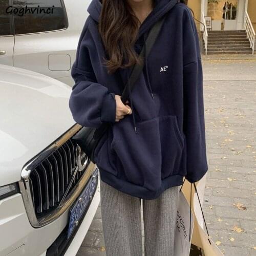 With Hat Hoodies Women Winter All-match Ins New Chic Ulzzang Daily Vintage Simple Warm Plus Velvet Leisure Student Loose Fashion