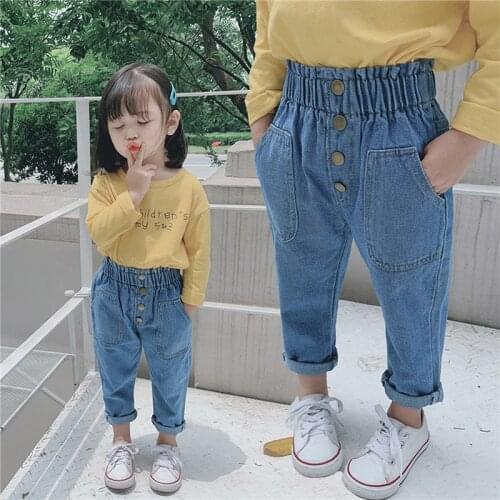 Hot Sale Kids High Waist Jeans, Elastic Buttoned Waist Loose Long Trousers with Pockets for Spring Autumn 6Months-5Years