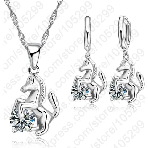 Hot Trendy Horse Design Pendant 925 Sterling Silver Fine Jewelry Cubic Zircon Necklace Earring For Women Wedding Set Gifts