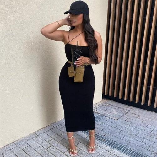 Spaghetti Strap Dress Sexy Solid Black Bodycon Sleeveless Long Dress Women Clothes Summer 2021 Maxi Casual Elegant Party Dresses