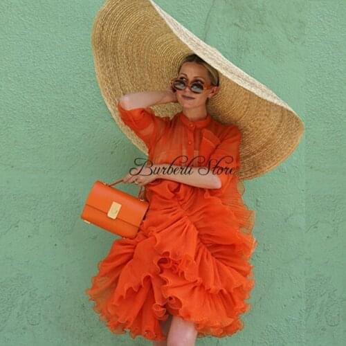 High Street Orange Ruffles Floral Tulle Women Dresses To Party 2021 Full Sleeves Short Dress Fashion Female Clothing Vestidos