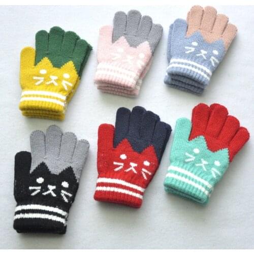 6-11years Kids Winter Warm Velvet Wool Gloves Cartoon Cat Baby Girls Baby Boys Gloves KF194