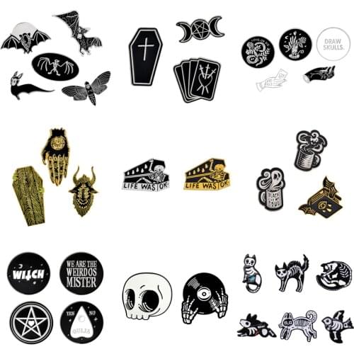 1-6pcs/set Punk Dark Brooch Collection Enamel Pins Skull Bat Witch Skeleton Coffin Pin Button Metal Badge Halloween Gift Jewelry