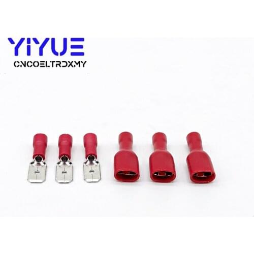 100Pcs/50Pairs 6.3mm 22-16AWG Female Male Electrical Wiring Connector Insulated Crimp Terminal Spade Red FDD 1.25-250 MDD1.25-25
