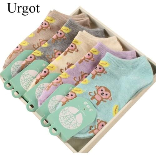 Urgot 5 Pairs New Hot Style Womens Ankle Socks Cartoon Monkey Cotton Shallow Mouth Womens Boat Socks Cotton Short Socks Meias