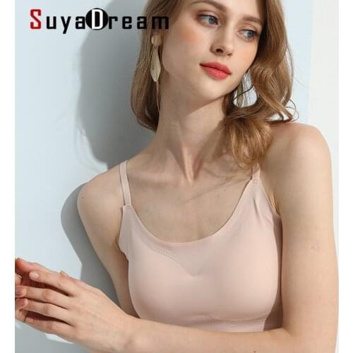 SuyaDream Women Wire Free Bras Natural Silk Lining Everyday wear Full Cups Tank Bra Black White Yo ga Underwear