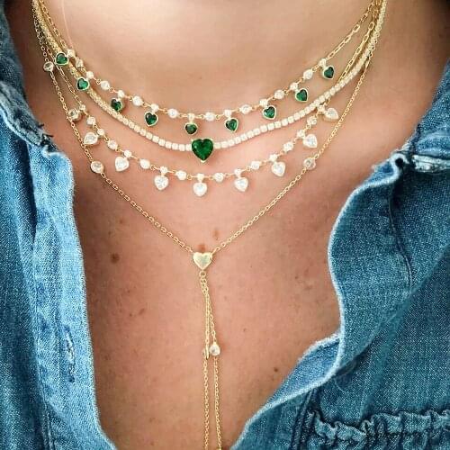 Gold Color Tennis Chain Colorful CZ Heart Choker Red Green Blue White CZ Heart Charm Girl Necklace 2021 Valentines Day Gift
