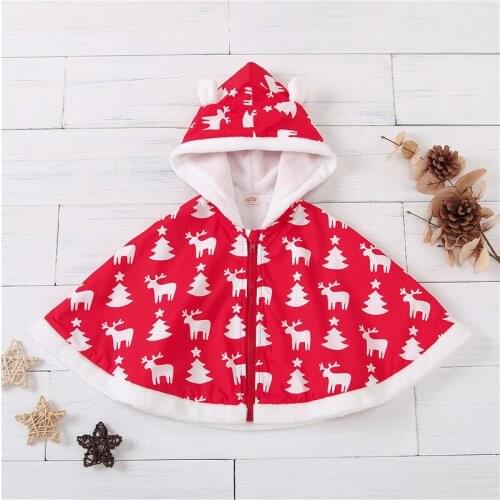 Childrens Hooded Cape Zipper Thermal Cloak Christmas Tree Reindeer Print Plush Clothes for Infant Baby Girls 1-6T