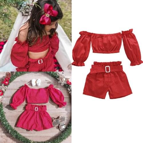 1-5Y Toddler Baby Girl Kid Summer Clothes Sets Red Polka Dot Print Long Sleeve Off Shoulder Tops Pants 2pcs