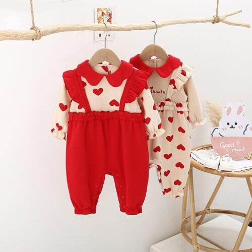8656 Baby Jumpsuit Autumn 2021 Red Heart Fake Two Pieces Clothes Long Sleeve Newborn Bodysuit 100Days Party Clothes Girl Onesies