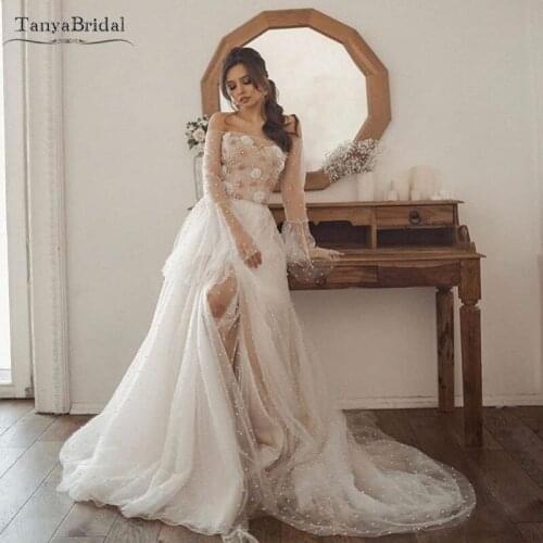 Long sleeve Full Pearls Wedding Dresses Luxury Beaded Bohemian Bridal gowns Vestido de Noiva DW188