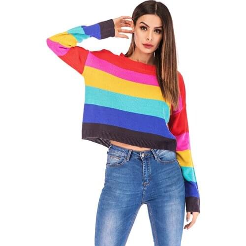 O Neck Womens Fashion Oversized Rainbow Striped Sweater Pullover Knitwear Ladies Jumper Knitted Plus Size Winter Warm Clothes