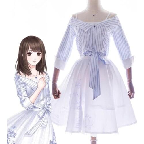 Game Anime lyzzr cosplay BAI QI Harajuku Japanese Daily girls female Sweet Light blue stripes Lolita Dress(top+skirt+necklace)