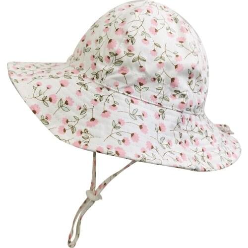 Summer Hat Kids Girl Sun Beach Bucket Hats White Flower Big Brim With String UV Protection Breathable Accessory Baby Outdoor Cap