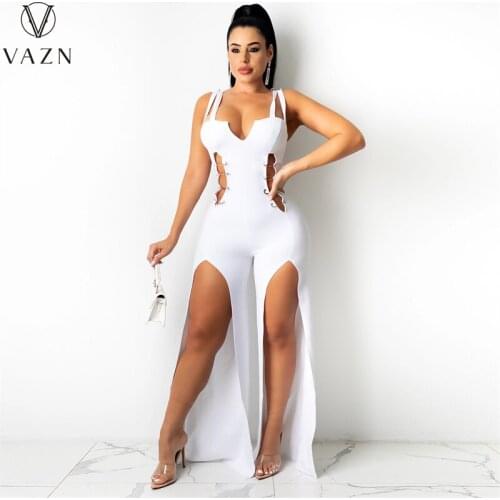 VAZN 2021 Top Sale Solid Sleeveless Street Wind Shinny Sexy Lady Women Party Beach Jumpsuits Full Pant Bandage Rompers