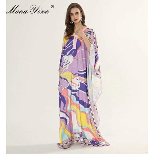 MoaaYina Fashion Designer Runway dress Spring Summer Women Dress V Neck Batwing Sleeve Geometry Print Maxi Loose Dresses