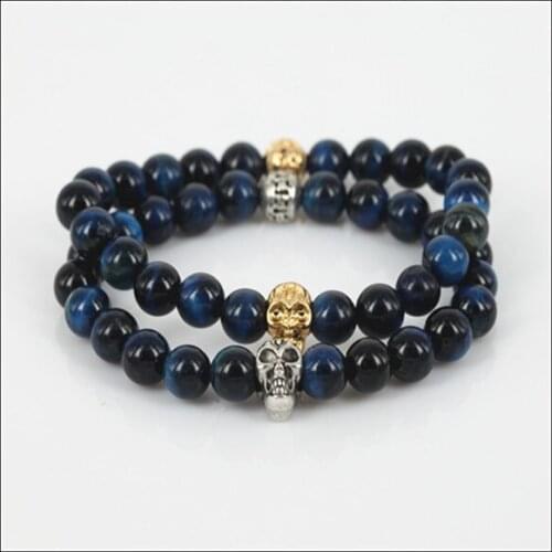 Beaded skull head men charm stretch bracelet natural 8mm mix color tiger eye round gem stone beads women bracelet