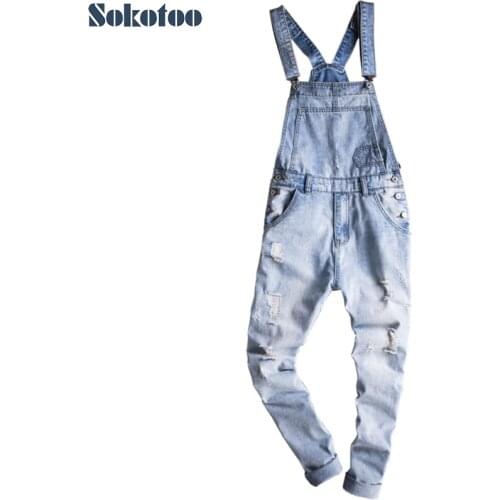 Mens light blue slim snow washed denim bib overalls for tall big Plus size hole ripped suspenders jumpsuits Cargo torn jeans