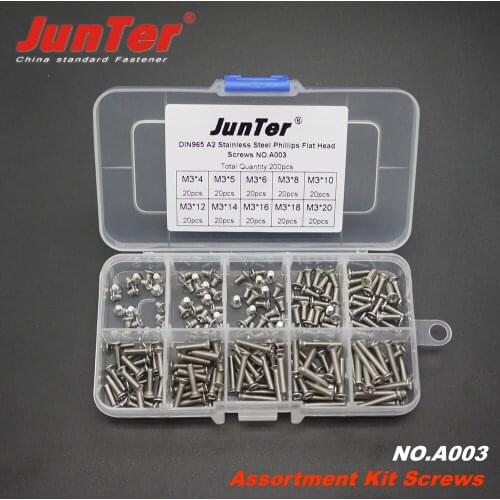 200pcs M3 (3mm) x 4/5/6/8/10/12/14/16/18/20 A2 Stainless Steel Phillips Flat Head Machine Screws Assortment Kit NO.A003