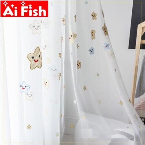 Simple Modern Embroidered Luxury Smile Star Gauze Childrens Bedroom Curtains Living Room Balcony Partition Tulle Drapes MY223#5