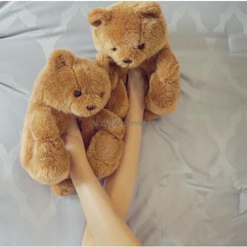 Winter Women Home Slippers Cute Teddy Bear Slippers Cartoon Bear Furry Bedroom Flip Flops Warm Soft Ladies Indoor Funny Shoes