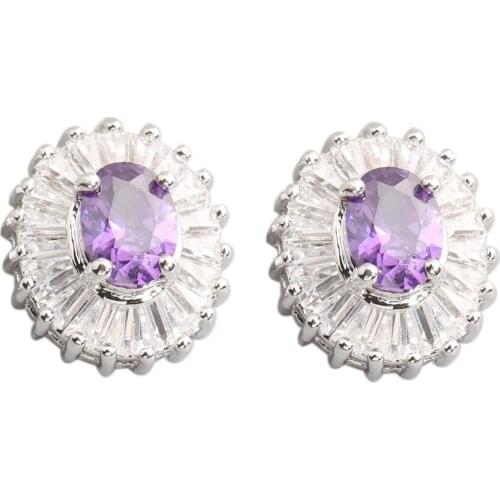 Smart Purple Stone 6*8mm Semi-precious Silver Cool For Womens Stud Earrings ED0349